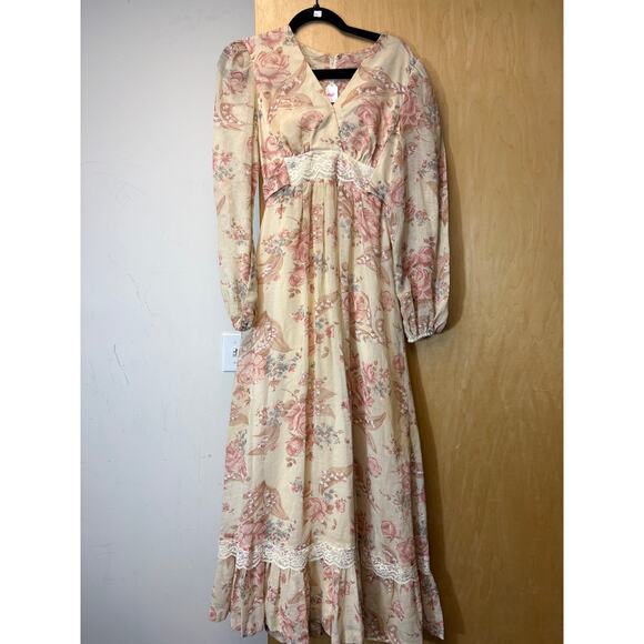 Vintage Dresses & Skirts - VINTAGE 70s Maxi Dress Womens Pink Beige Floral Puff Sleeve Cottagecore Small